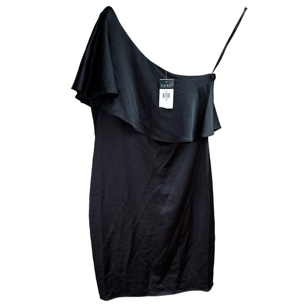 Ralph Lauren Black Satin Dress Capelet Ruffle One Shoulder Coctail Party Formal